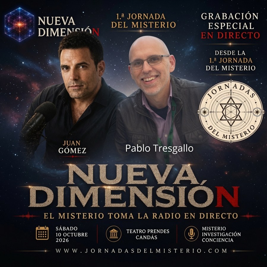 Cartel de Juan Gómez, de Nueva Dimensión, y Pablo Tresgallo Vallejo, con sus ponencias propias en la Jornada del Misterio